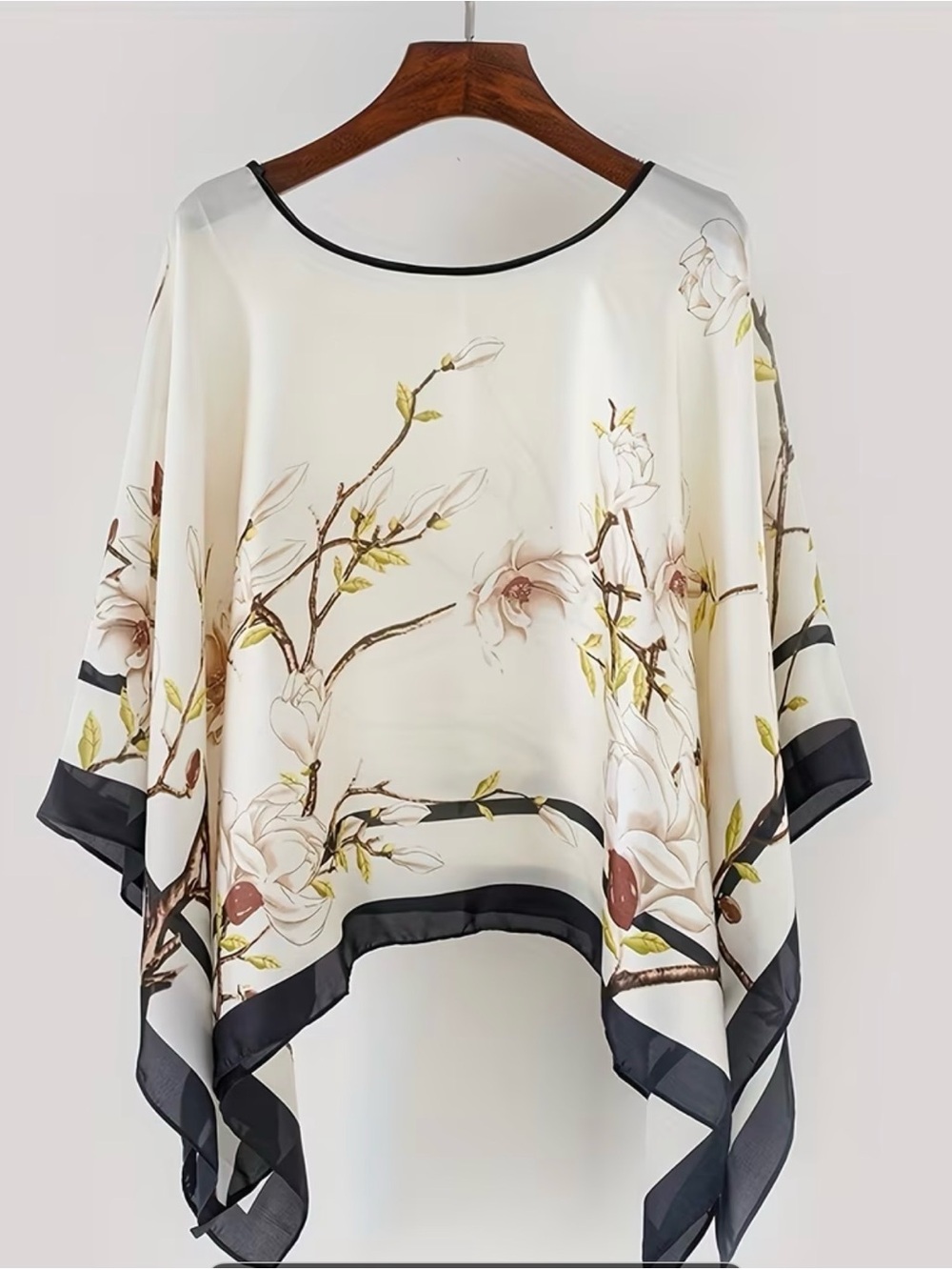 Elegant Cream Floral Silk-Feel Poncho Top - Unbranded